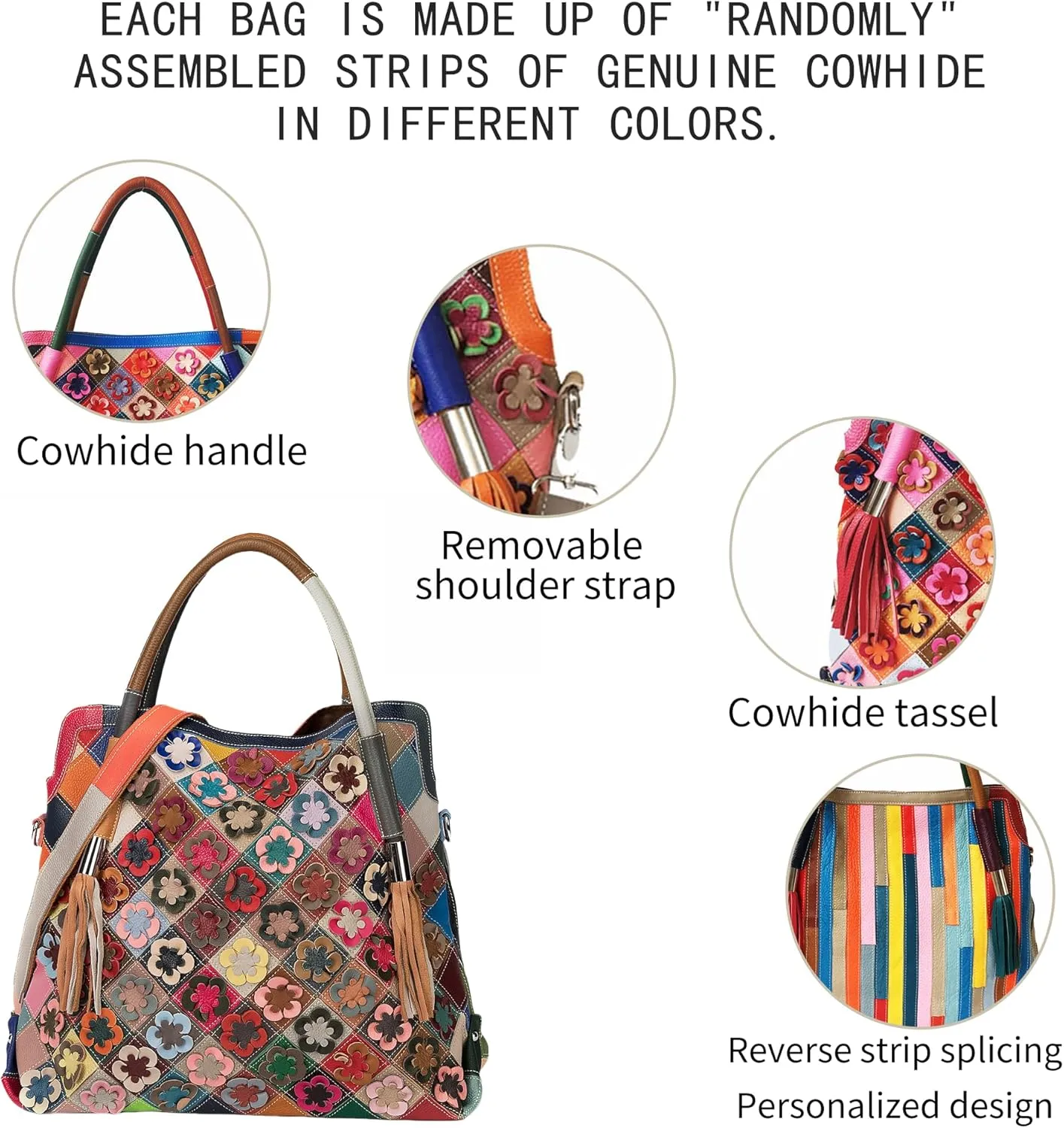 Handmade Cowhide Multi-color Block Random Stitching Unique Style Women's Bag - Crossbody, Shoulder and Handheld
