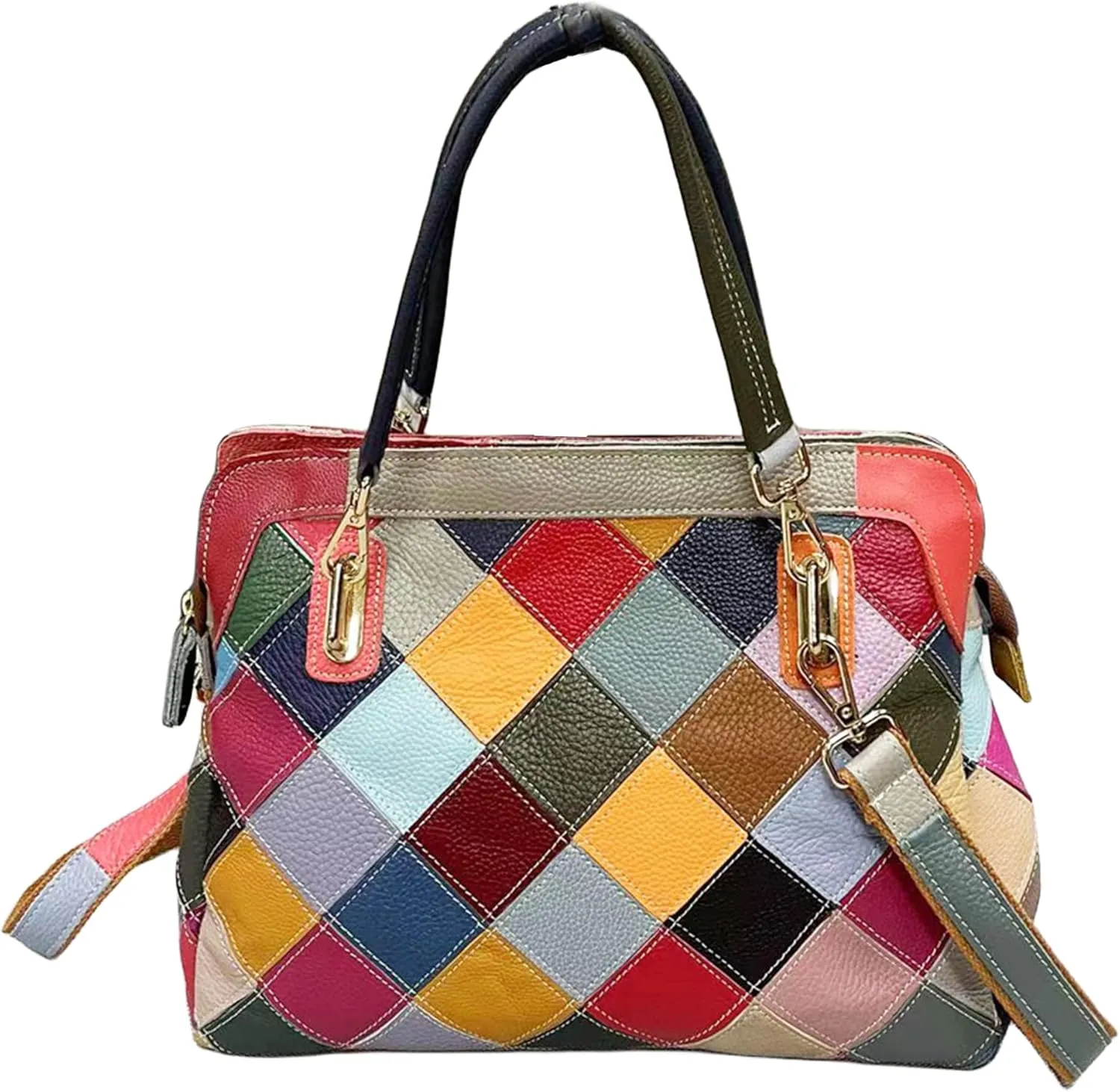 Handmade Cowhide Multi-color Block Random Stitching Unique Style Women's Bag - Crossbody, Shoulder and Handheld