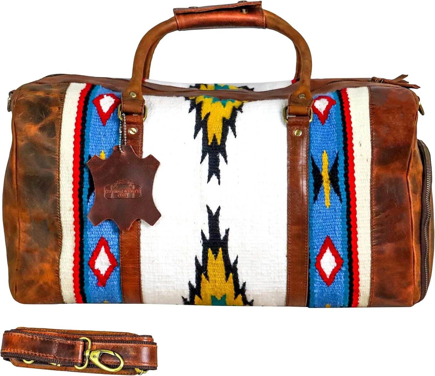 Handmade Duffle Bag leather heavy duty Airplane Overnight Luggage Carry On Unisex Travel Rug Bag Wollen Bag Gift for His/Her 20 x 10 x 10 inches. (Rug Duffle Bag Design_03)