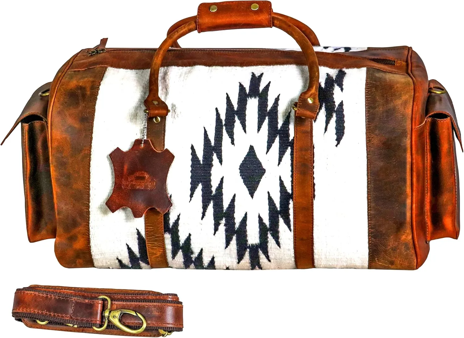 Handmade Duffle Bag leather heavy duty Gym Sports Airplane Overnight Luggage Carry On Unisex Travel Hand woven Rug Bag Wollen Bag Gift for His/Her Size: 20 x 10 x 10 inches M11
