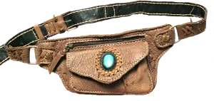 Handmade leather bohemian fanny bag with flap and hand selected semi- precious stone accent