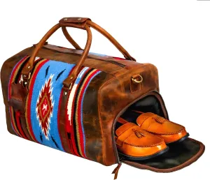 Handmade Premium Duffle Bag leather heavy duty Gym Sports Airplane Overnight Luggage Carry On Unisex Travel Hand woven Rug Bag Wollen Bag Gift for His/Her (Rug Duffle Bag Artical_02)