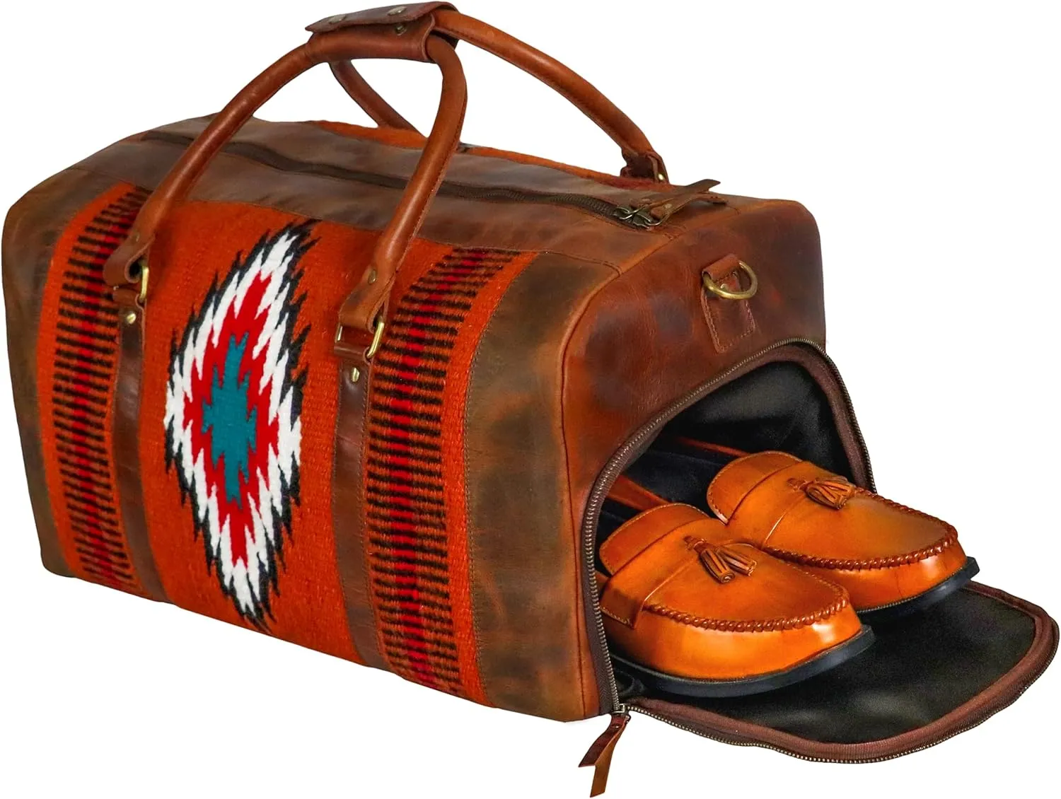 Handmade Premium Duffle Bag leather heavy duty Gym Sports Airplane Overnight Luggage Carry On Unisex Travel Hand woven Rug Bag Wollen Bag Gift for His/Her (RUG DUFFLE BAG STYLE_06)