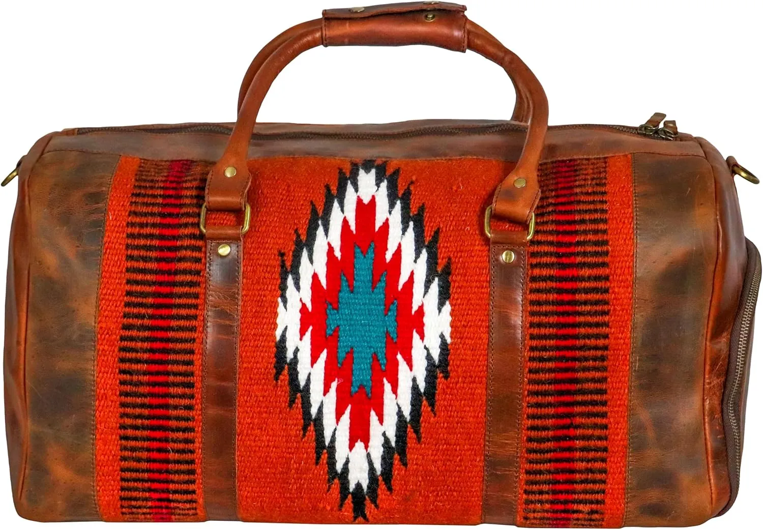 Handmade Premium Duffle Bag leather heavy duty Gym Sports Airplane Overnight Luggage Carry On Unisex Travel Hand woven Rug Bag Wollen Bag Gift for His/Her (RUG DUFFLE BAG STYLE_06)