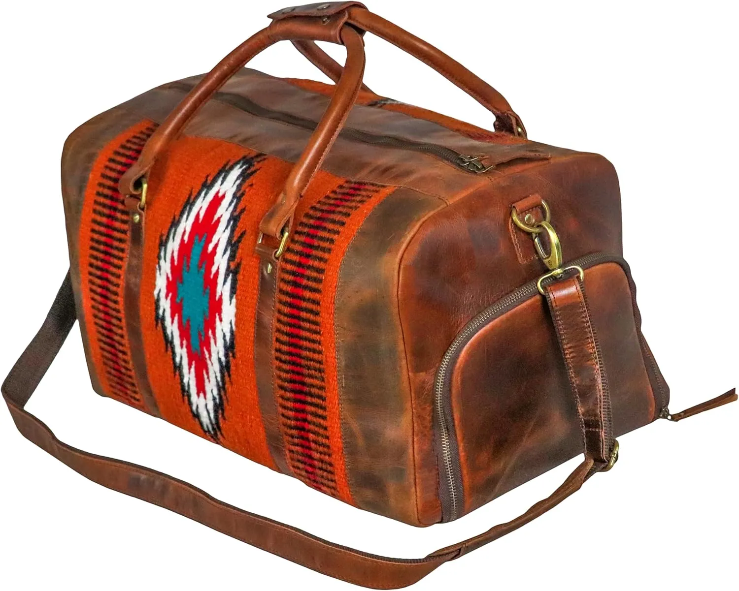 Handmade Premium Duffle Bag leather heavy duty Gym Sports Airplane Overnight Luggage Carry On Unisex Travel Hand woven Rug Bag Wollen Bag Gift for His/Her (RUG DUFFLE BAG STYLE_06)