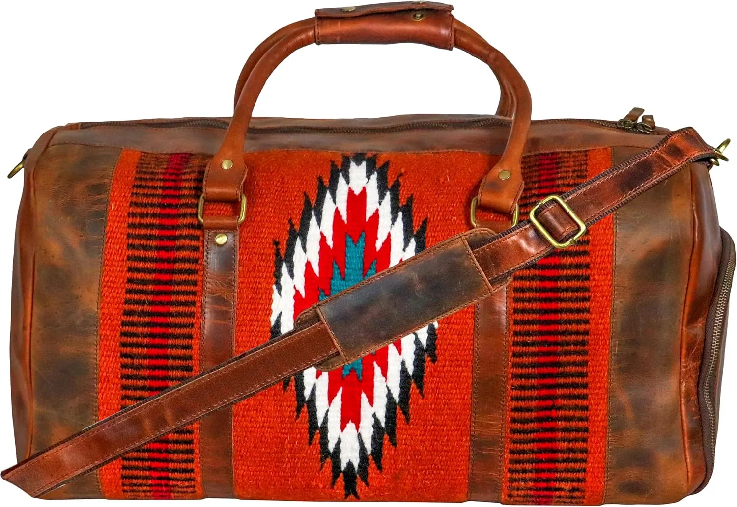 Handmade Premium Duffle Bag leather heavy duty Gym Sports Airplane Overnight Luggage Carry On Unisex Travel Hand woven Rug Bag Wollen Bag Gift for His/Her (RUG DUFFLE BAG STYLE_06)