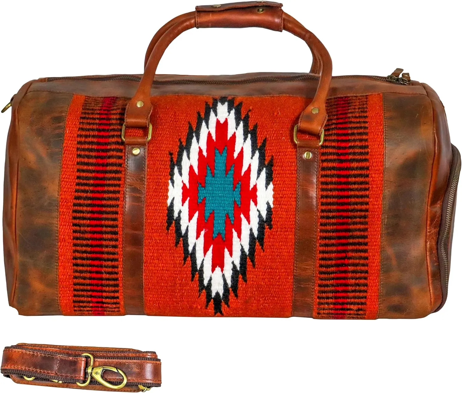 Handmade Premium Duffle Bag leather heavy duty Gym Sports Airplane Overnight Luggage Carry On Unisex Travel Hand woven Rug Bag Wollen Bag Gift for His/Her (RUG DUFFLE BAG STYLE_06)