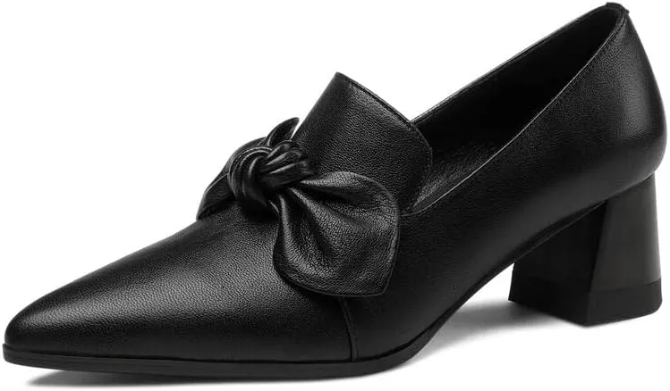 Handmade Women's Genuine Leather Bowknot Slip On Pointed Toe Mid Chunky Heel Pumps Shoes