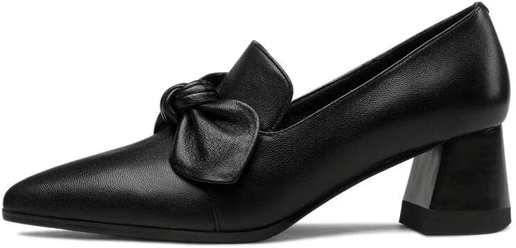 Handmade Women's Genuine Leather Bowknot Slip On Pointed Toe Mid Chunky Heel Pumps Shoes