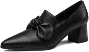 Handmade Women's Genuine Leather Bowknot Slip On Pointed Toe Mid Chunky Heel Pumps Shoes