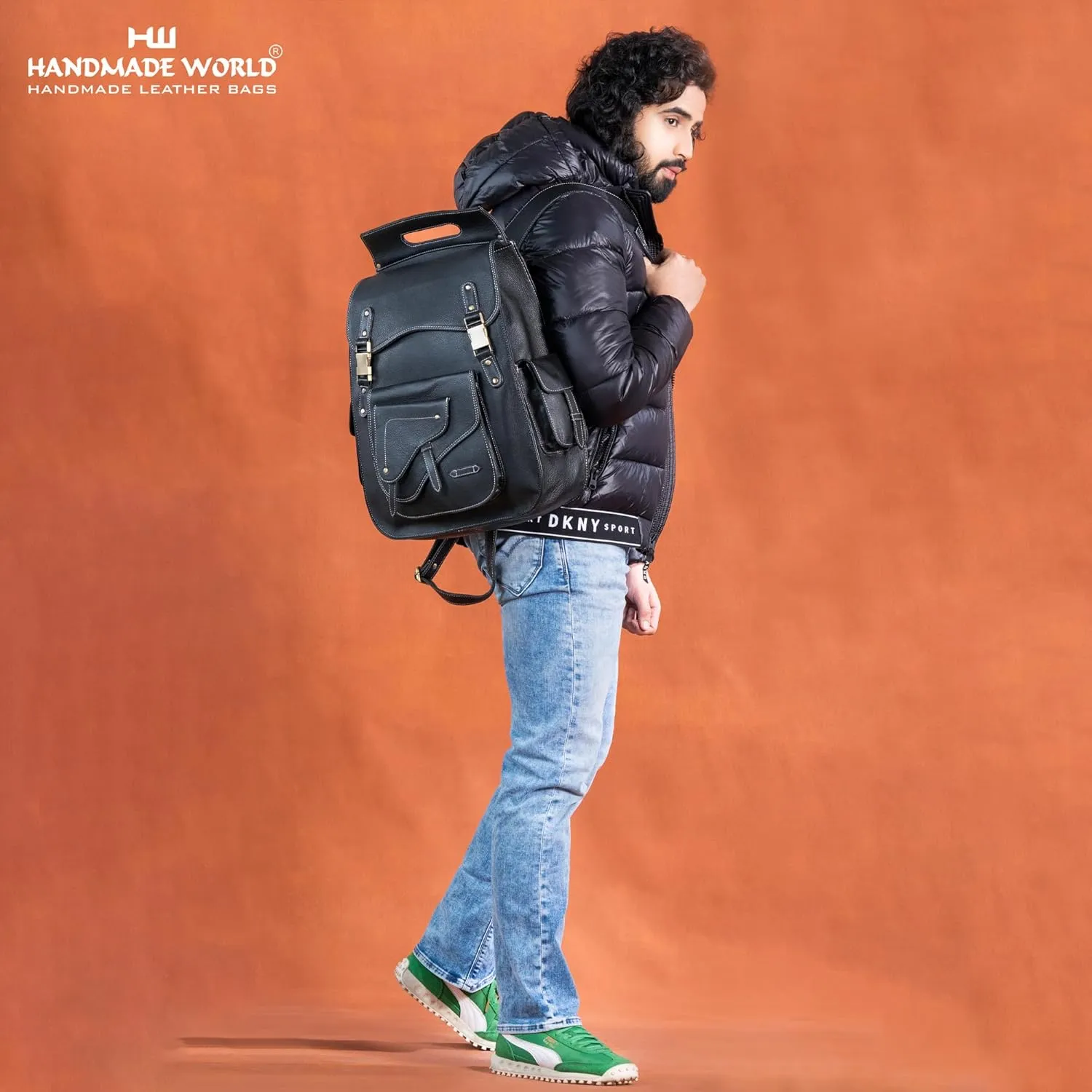 Handmade World Full Grain 18 Inch Leather Laptop Large Backpack Casual Bookbag Daypack Camping Travel Rucksack Knapsack