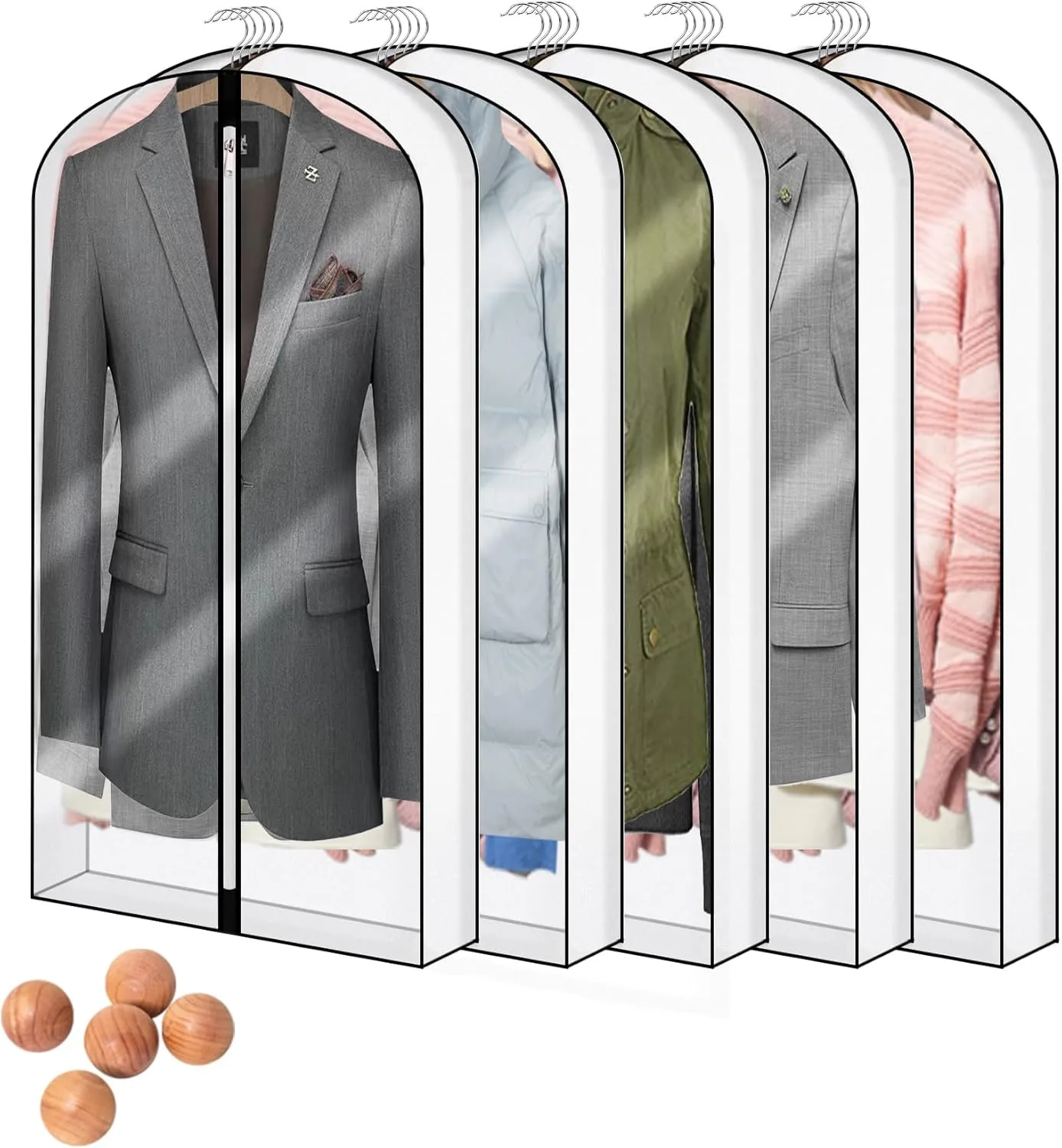 Hanging Garment Bags - 40" Clear Dust Proof Clothes Bag with 6.3" Gussetes, White Breathable Full Zipper Dust Cover for Closet Clothes Storage and Travel, 5 Packs