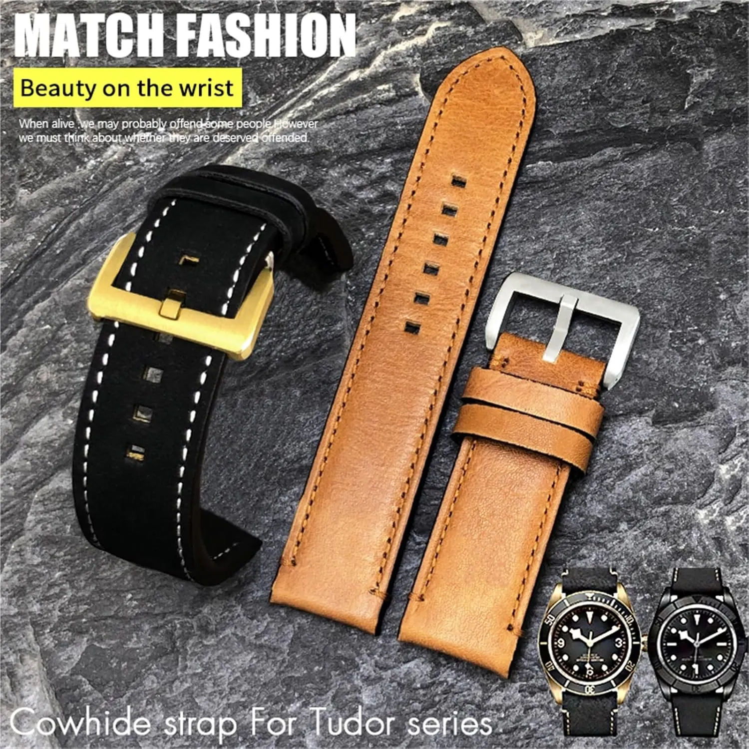 HaoLMi-23mm 22mm Genuine Cowhide Watchbands For Zenith For Tudor Black Bay Bronze Blancpain Handmade Brown Leather Watch Strap