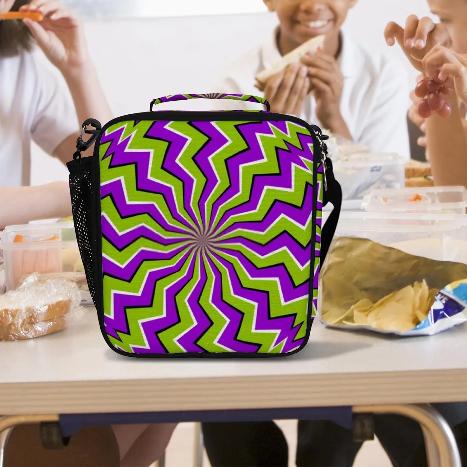 Hapuxt Lunch Box Lunch Bag with Adjustable Shoulder Strap Tote Green Zigzags Spin Illusion Insulated Waterproof Outdoor Work Office Picnic for Women Men