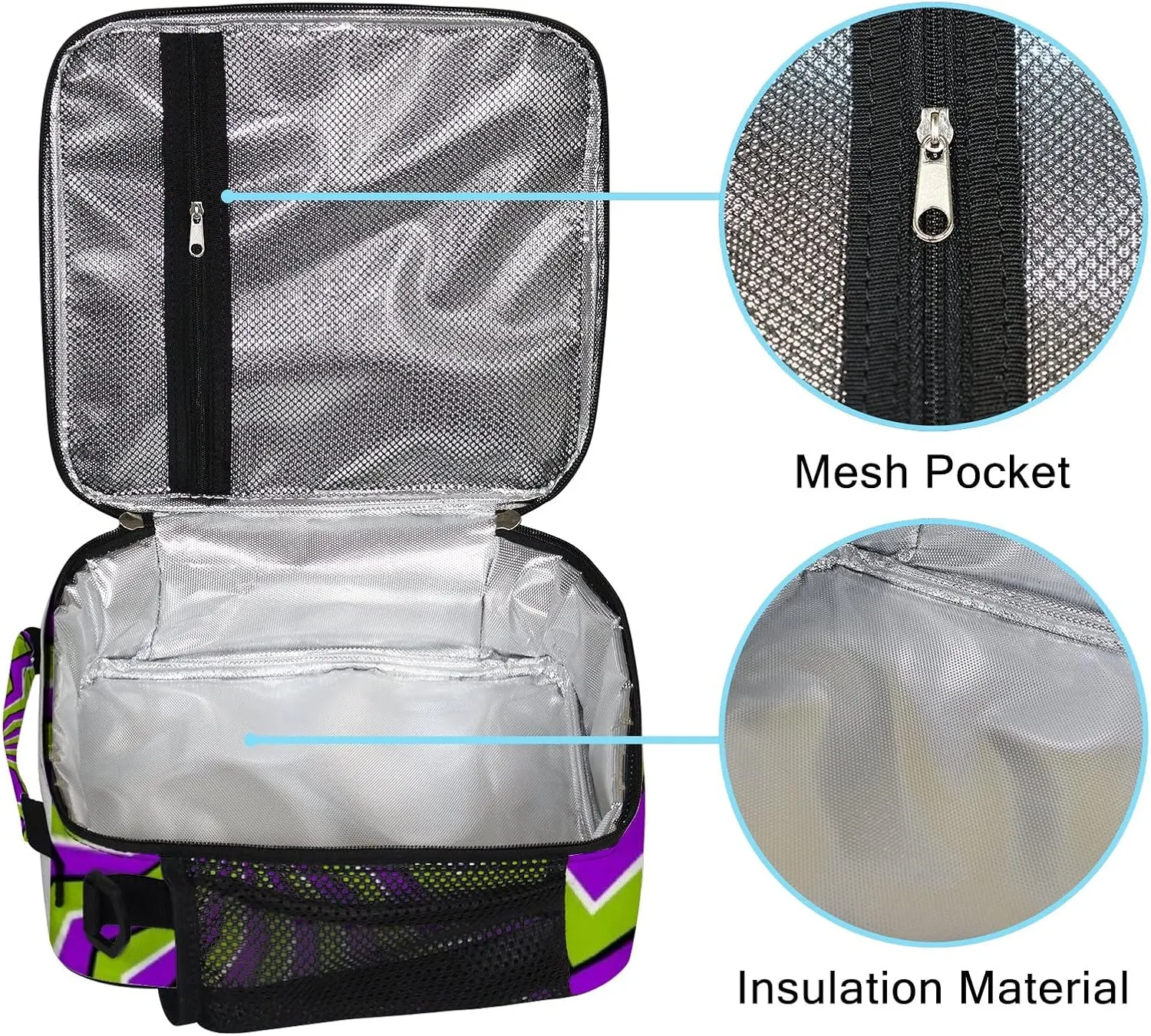 Hapuxt Lunch Box Lunch Bag with Adjustable Shoulder Strap Tote Green Zigzags Spin Illusion Insulated Waterproof Outdoor Work Office Picnic for Women Men