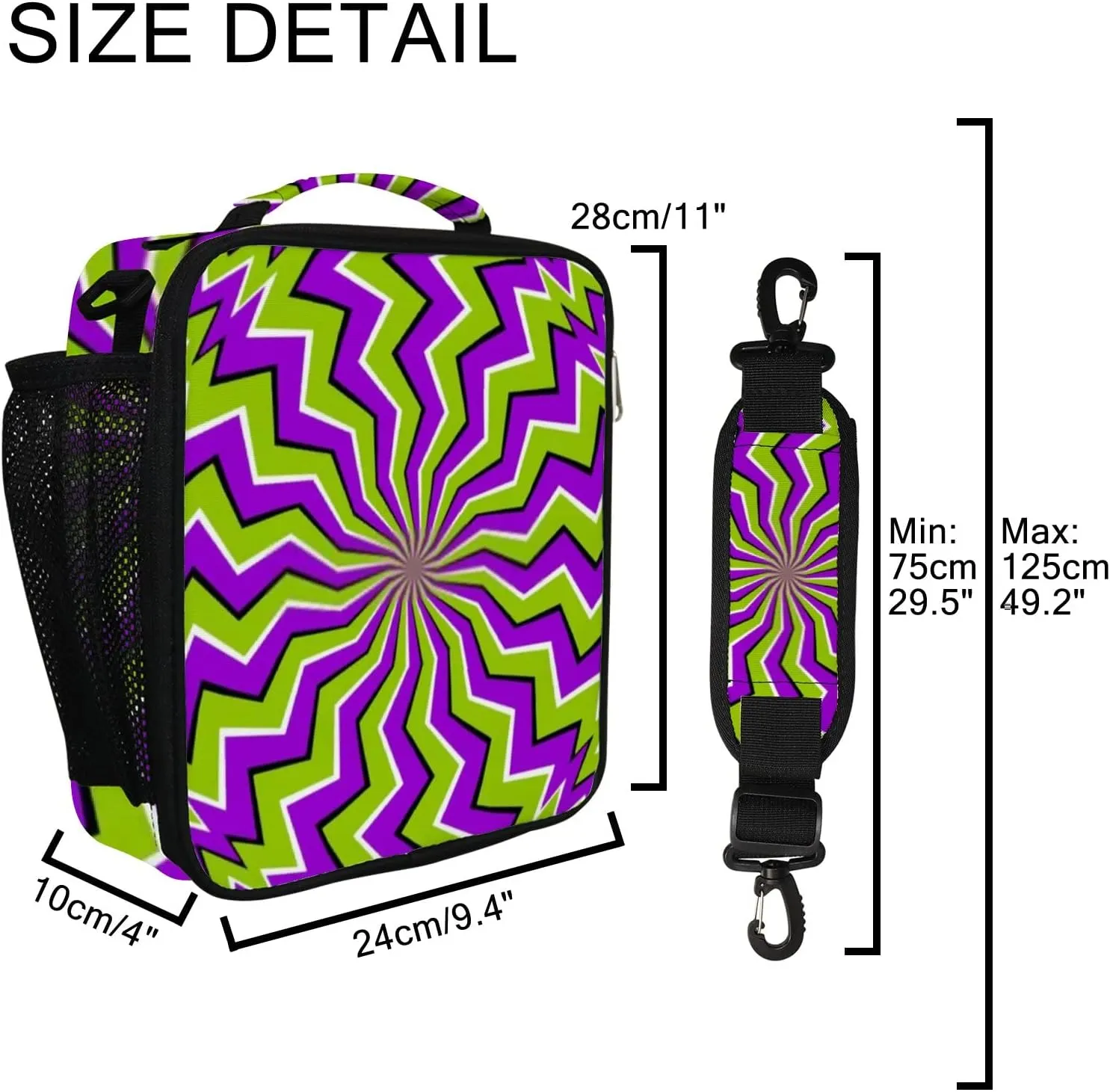 Hapuxt Lunch Box Lunch Bag with Adjustable Shoulder Strap Tote Green Zigzags Spin Illusion Insulated Waterproof Outdoor Work Office Picnic for Women Men
