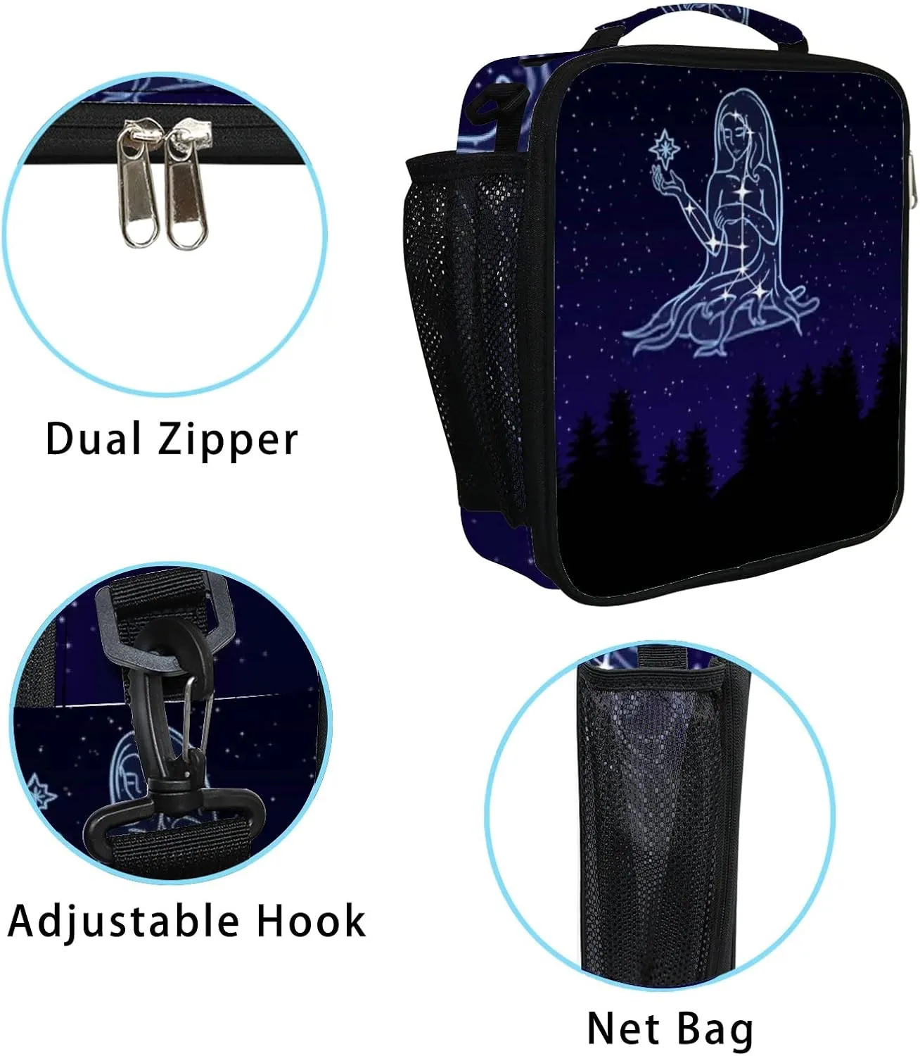 Hapuxt Lunch Box Lunch Bag with Adjustable Shoulder Strap Tote Night Sky Constellation Virgo Insulated Waterproof Outdoor Work Office Picnic for Women Men
