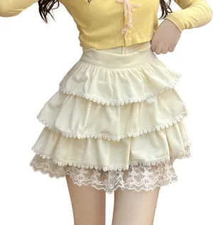 Harajuku Gothic Lolita Kawaii Fashion Casual Style Elastic Waisted Soft Vintage Lace Trim Layered Tiered Skirt
