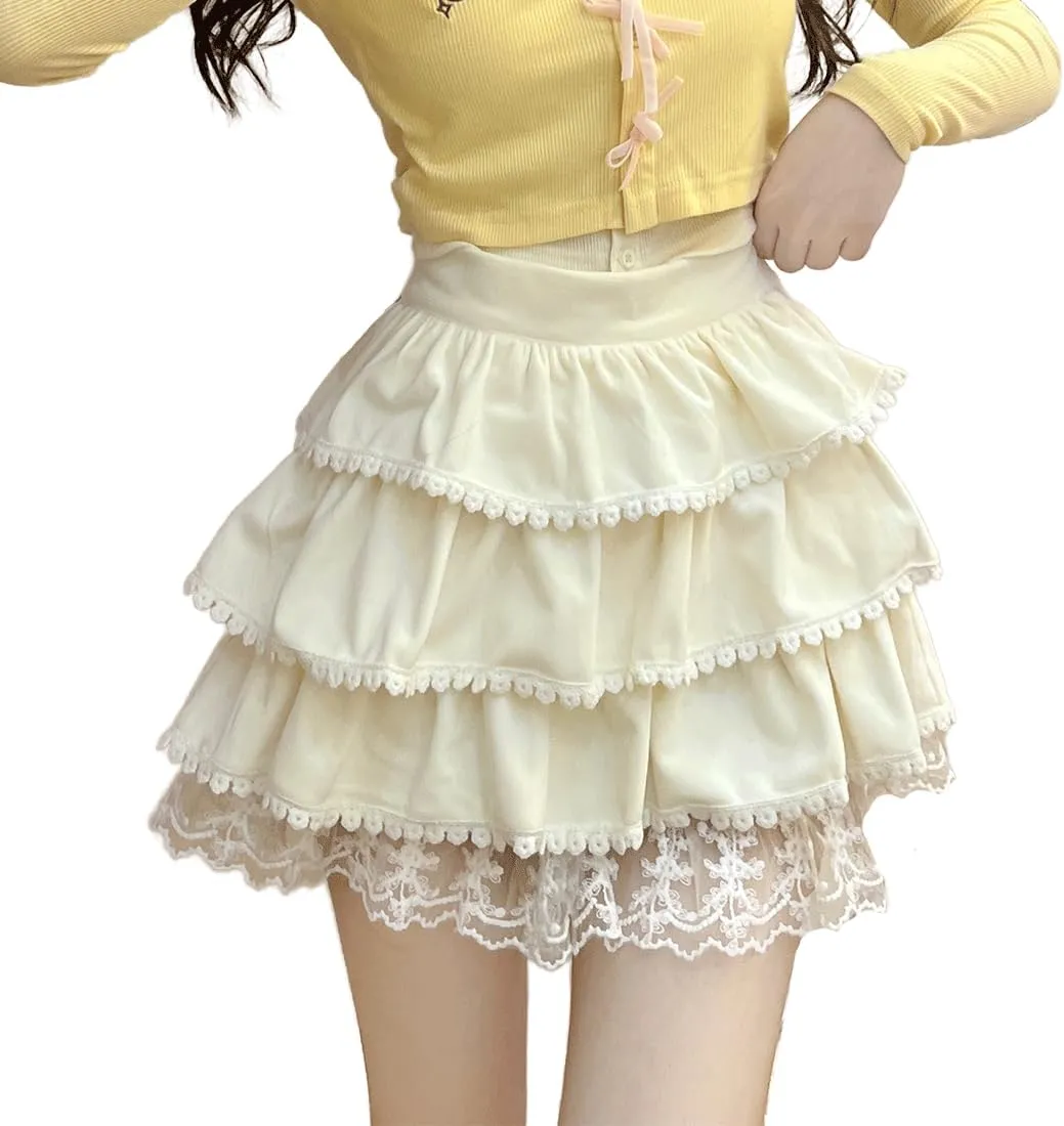 Harajuku Gothic Lolita Kawaii Fashion Casual Style Elastic Waisted Soft Vintage Lace Trim Layered Tiered Skirt