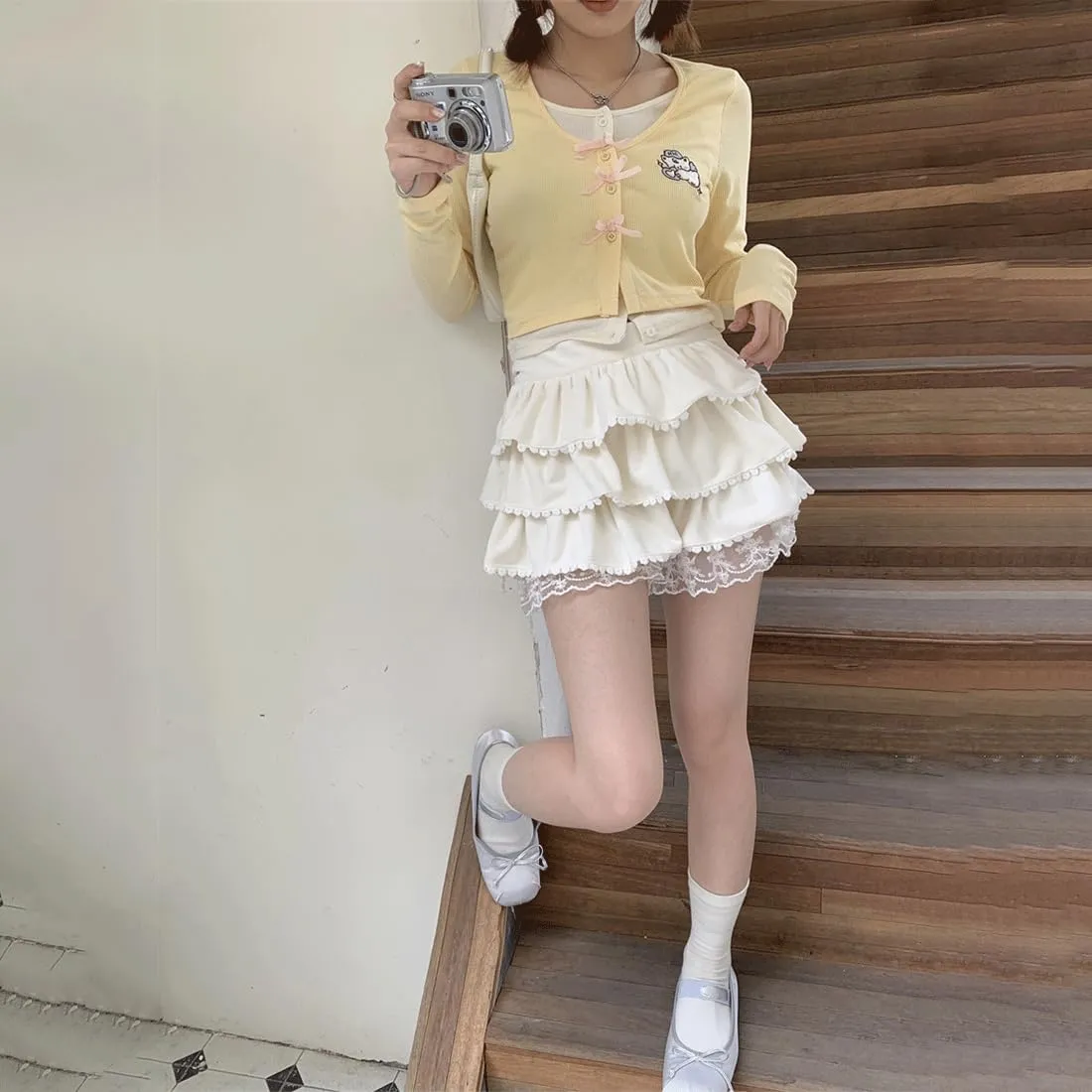 Harajuku Gothic Lolita Kawaii Fashion Casual Style Elastic Waisted Soft Vintage Lace Trim Layered Tiered Skirt