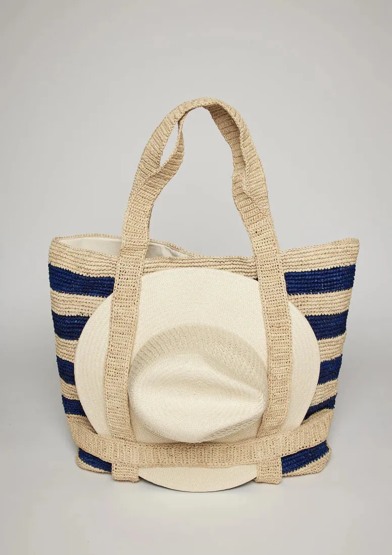 Hat Attack The Original Straw Traveler Bag - Natural/Navy Stripe