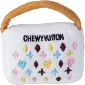 Haute Diggity Dog White Chewy Vuiton Handbag, Plush Designer Dog Toys with Interactive Squeaker, Stimulating Pet Enrichment, Machine-Washable & Safe Materials for All Breeds, Size Small