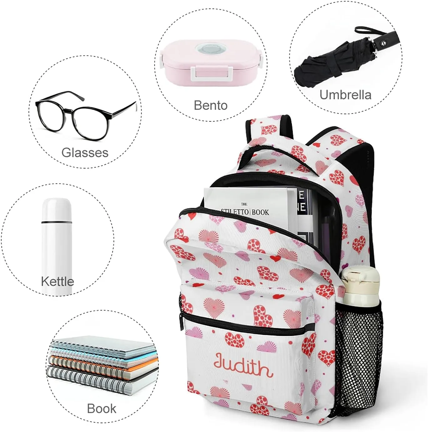Heart Pattern Custom Kids Backpack, Personalized Student School Bags for Boys & Girls, Bookbags with Adjustable Strapfor Travel