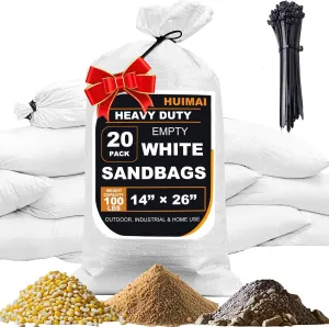 Heavy Duty Empty Sand Bags for Flooding with Zip Ties, 14'' x 26'' Woven Polypropylene Sandbags for Flood Control, UV Resistant, 100 LBS Capacity, White, Pack of 20