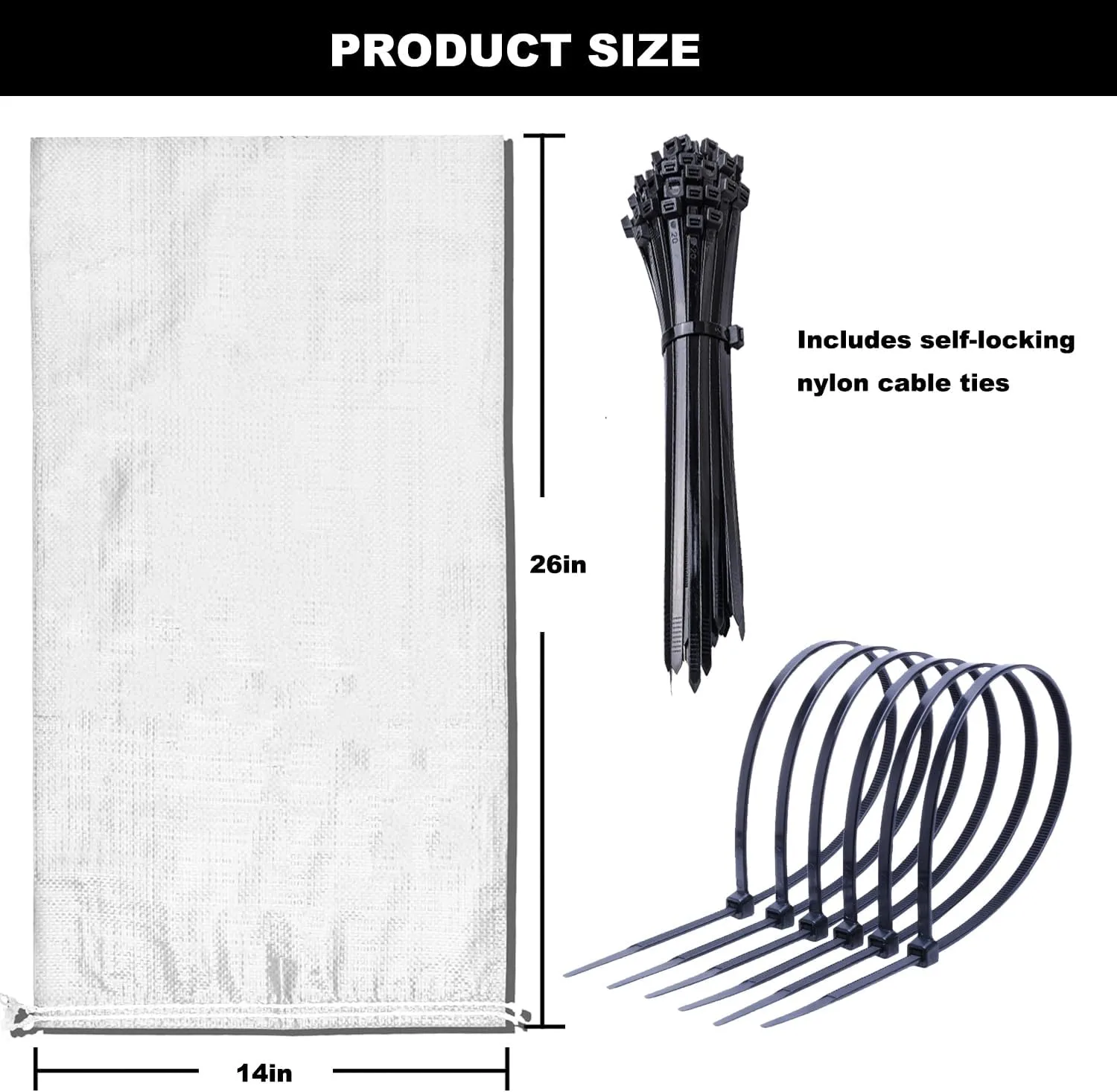 Heavy Duty Empty Sand Bags for Flooding with Zip Ties, 14'' x 26'' Woven Polypropylene Sandbags for Flood Control, UV Resistant, 100 LBS Capacity, White, Pack of 20
