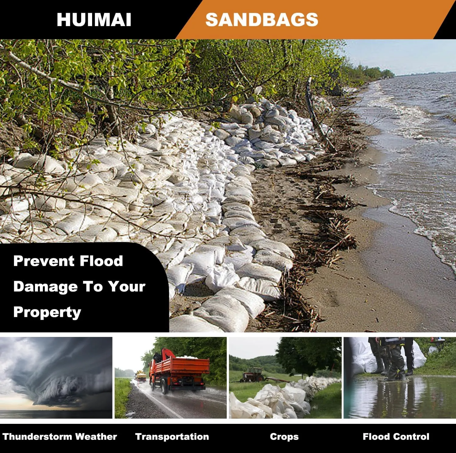 Heavy Duty Empty Sand Bags for Flooding with Zip Ties, 14'' x 26'' Woven Polypropylene Sandbags for Flood Control, UV Resistant, 100 LBS Capacity, White, Pack of 20