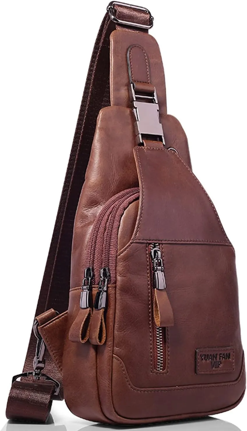 Hebetag Leather Sling Bag Hiking Daypack for Men Women Outdoor Travel Camping Fishing Crossbody Shoulder Chest Pack Daypack, Coffee