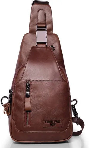 Hebetag Leather Sling Bag Hiking Daypack for Men Women Outdoor Travel Camping Fishing Crossbody Shoulder Chest Pack Daypack, Coffee