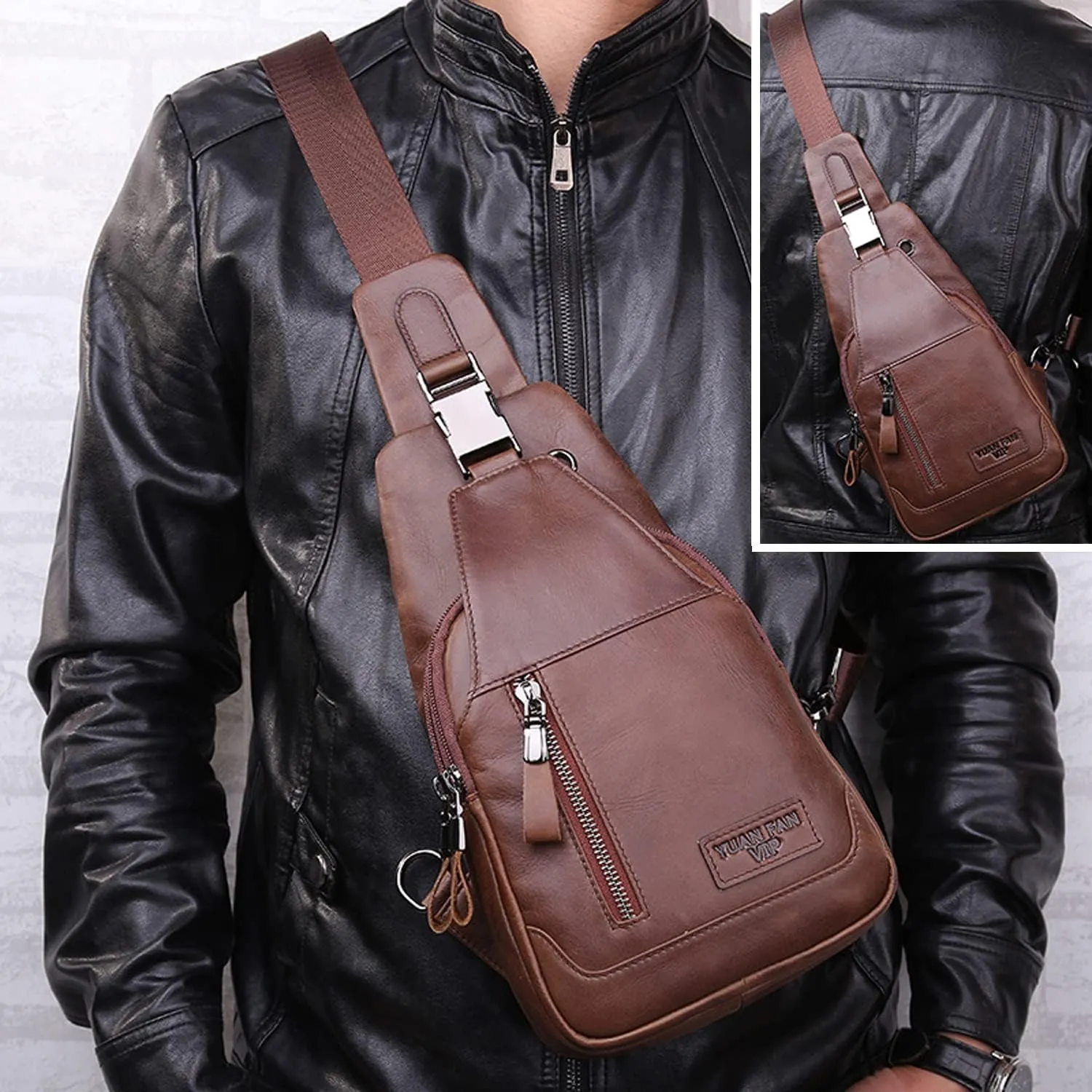 Hebetag Leather Sling Bag Hiking Daypack for Men Women Outdoor Travel Camping Fishing Crossbody Shoulder Chest Pack Daypack, Coffee