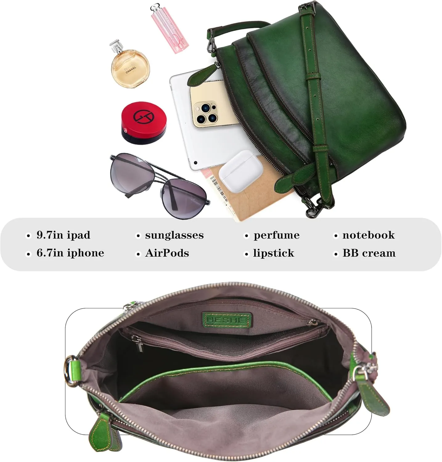 HESHE Crossbody Bags for Women Genuine Leather Purses with Multi-Pockets Vintage Ladies Small Shoulder Satchel Bag