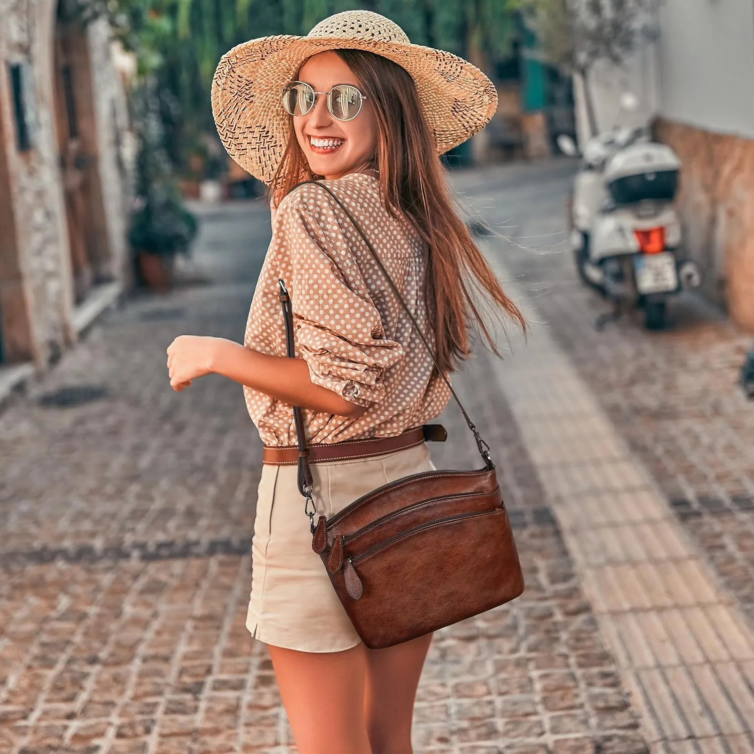 HESHE Crossbody Bags for Women Genuine Leather Purses with Multi-Pockets Vintage Ladies Small Shoulder Satchel Bag