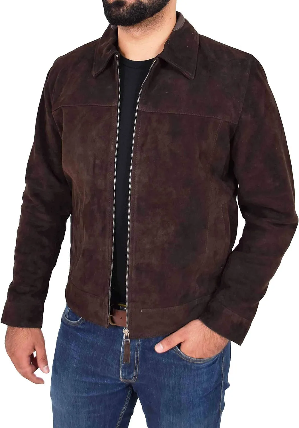 HIDE & SEEK Men’s Classic Shirt Collar Design Timeless Elegance Style Suede Leather Jacket