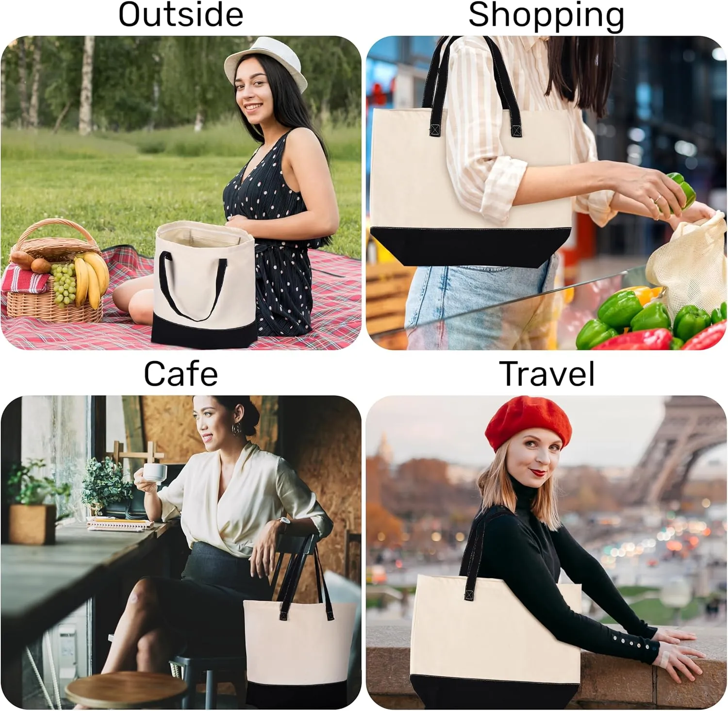 HIFA Canvas Tote and Makeup Bag Set for Women - Durable Cotton, Top Zipper Closure, Inner Pocket - Multipurpose Shoulder Bag
