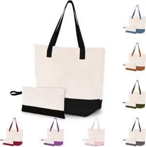 HIFA Canvas Tote and Makeup Bag Set for Women - Durable Cotton, Top Zipper Closure, Inner Pocket - Multipurpose Shoulder Bag
