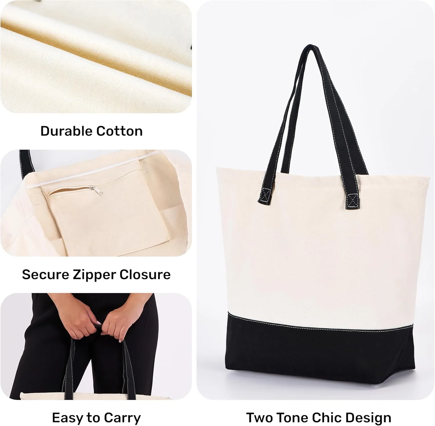 HIFA Canvas Tote and Makeup Bag Set for Women - Durable Cotton, Top Zipper Closure, Inner Pocket - Multipurpose Shoulder Bag