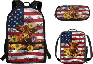 Highland Cow Backpack with Lunch Bag Pencil Case 3 Pieces Set American Flag Backpack Daypack Lightweight Preschool Elementary Backpack Shoulder Bag Organizer Daypack Rucksack for Teen