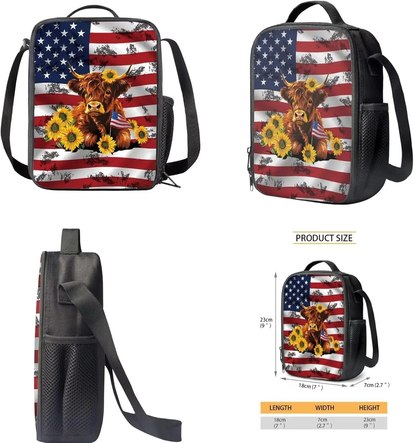 Highland Cow Backpack with Lunch Bag Pencil Case 3 Pieces Set American Flag Backpack Daypack Lightweight Preschool Elementary Backpack Shoulder Bag Organizer Daypack Rucksack for Teen