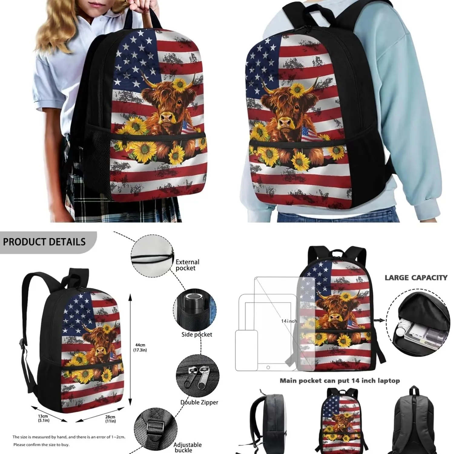 Highland Cow Backpack with Lunch Bag Pencil Case 3 Pieces Set American Flag Backpack Daypack Lightweight Preschool Elementary Backpack Shoulder Bag Organizer Daypack Rucksack for Teen