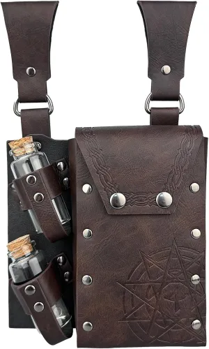 HiiFeuer Medieval Alchemy Faux Leather Belt Bag with 2 Cork Potion Vials, Fantasy Wizard Waist Pouch Side Pack for Ren Faire (Brown B)