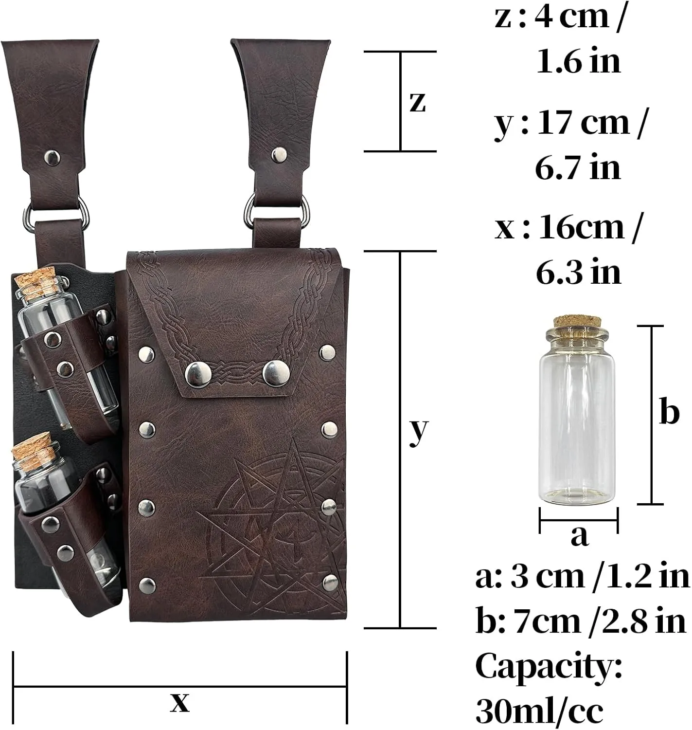 HiiFeuer Medieval Alchemy Faux Leather Belt Bag with 2 Cork Potion Vials, Fantasy Wizard Waist Pouch Side Pack for Ren Faire (Brown B)