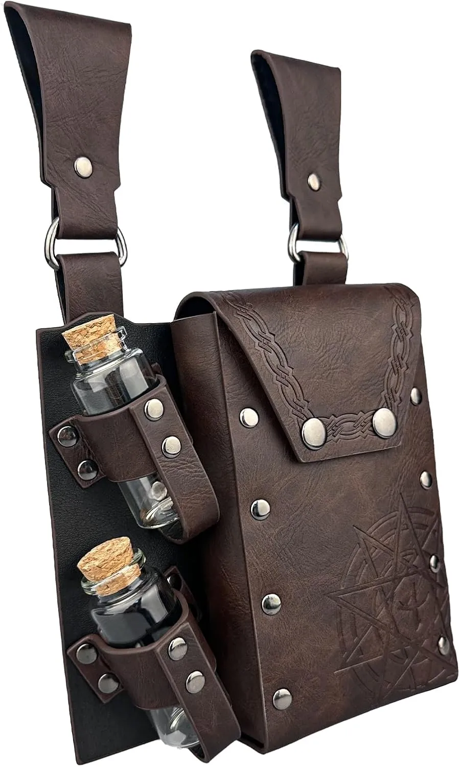 HiiFeuer Medieval Alchemy Faux Leather Belt Bag with 2 Cork Potion Vials, Fantasy Wizard Waist Pouch Side Pack for Ren Faire (Brown B)