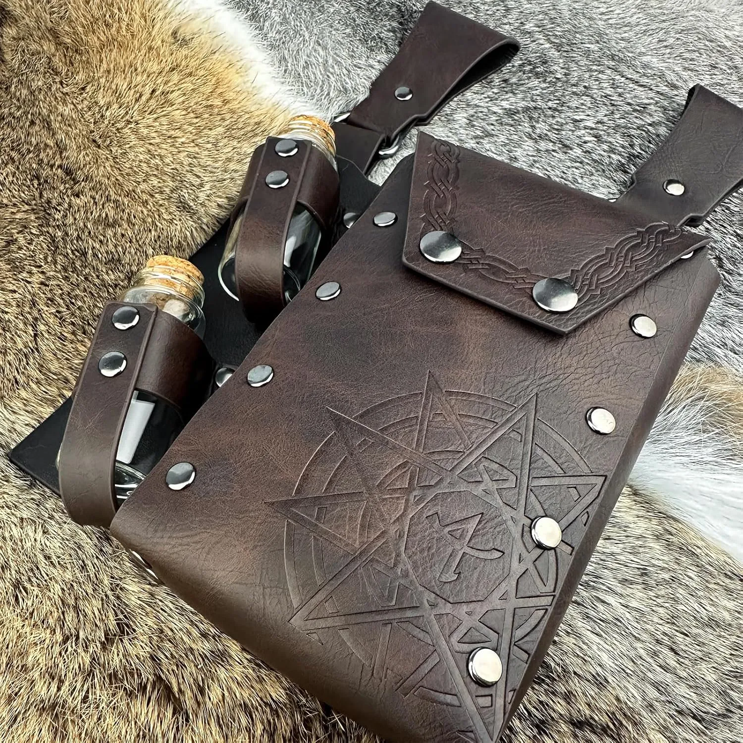 HiiFeuer Medieval Alchemy Faux Leather Belt Bag with 2 Cork Potion Vials, Fantasy Wizard Waist Pouch Side Pack for Ren Faire (Brown B)