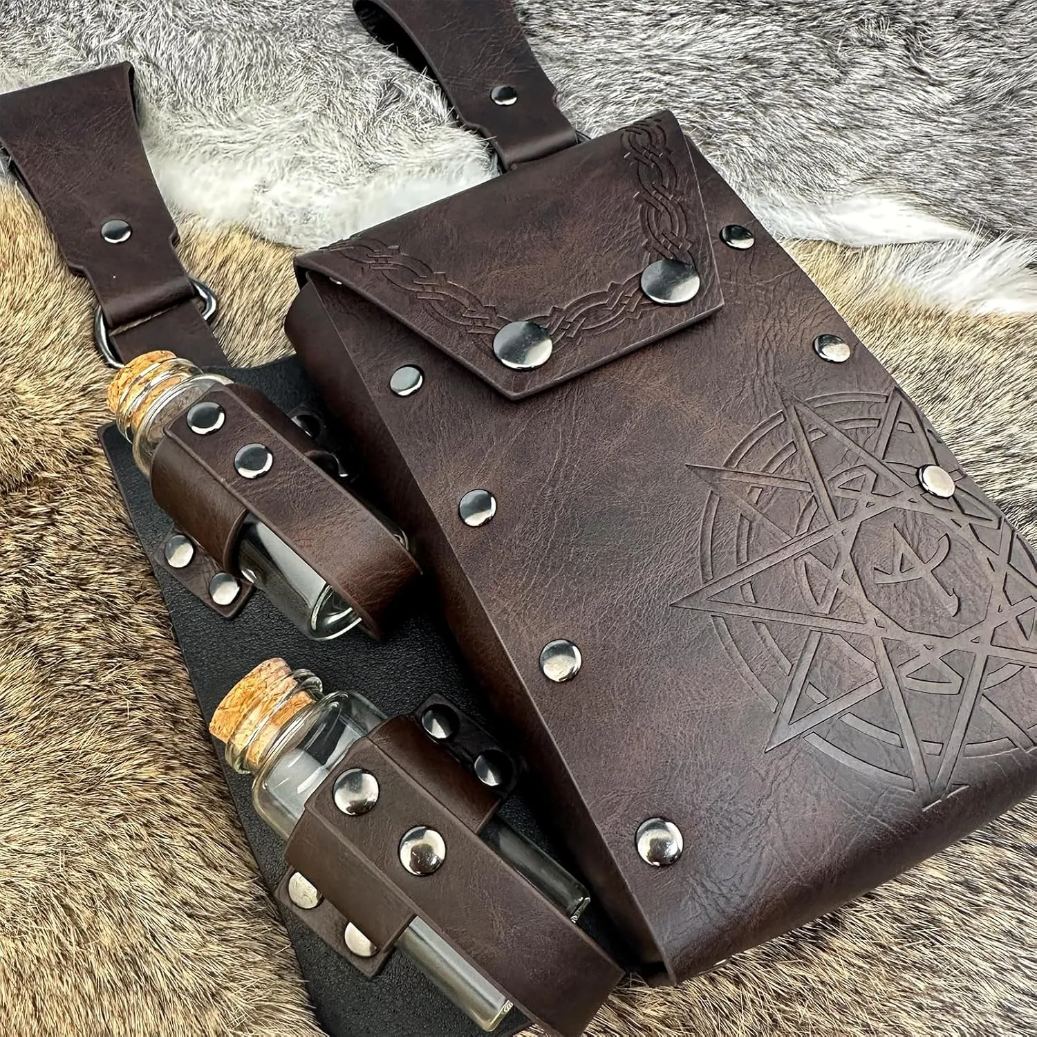 HiiFeuer Medieval Alchemy Faux Leather Belt Bag with 2 Cork Potion Vials, Fantasy Wizard Waist Pouch Side Pack for Ren Faire (Brown B)