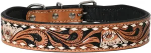 HILASON Large Western Hand Carved Floral Genuine Leather Dog Collar Brown/Black Inlay with Hand Tooled & Painted