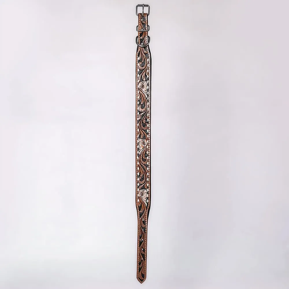 HILASON Large Western Hand Carved Floral Genuine Leather Dog Collar Brown/Black Inlay with Hand Tooled & Painted