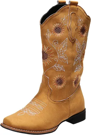 HINDOLA Cowboy Boots for Women Mid Calf Cowgirl Western Boots Sunflower Embroidery Stitched Square Toe Low Heel Wedding Boots